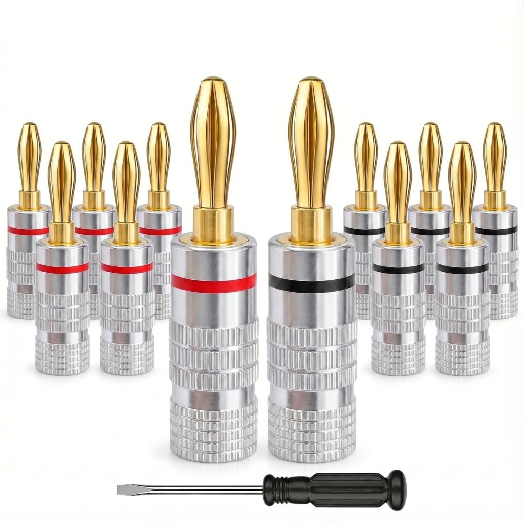Benzera Banana Plugs, Solderless 24K Gold Plated 4mm Speaker Wire Connectors | 6 Pairs / 12 Pcs Dual-Screw Type for Home Theater, Wall Plates, Audio/Video Receivers and Amps (Aluminum Shell)