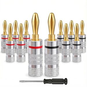 Benzera Banana Plugs, Solderless 24K Gold Plated 4mm Speaker Wire Connectors | 6 Pairs / 12 Pcs Dual-Screw Type for Home Theater, Wall Plates, Audio/Video Receivers and Amps (Aluminum Shell)