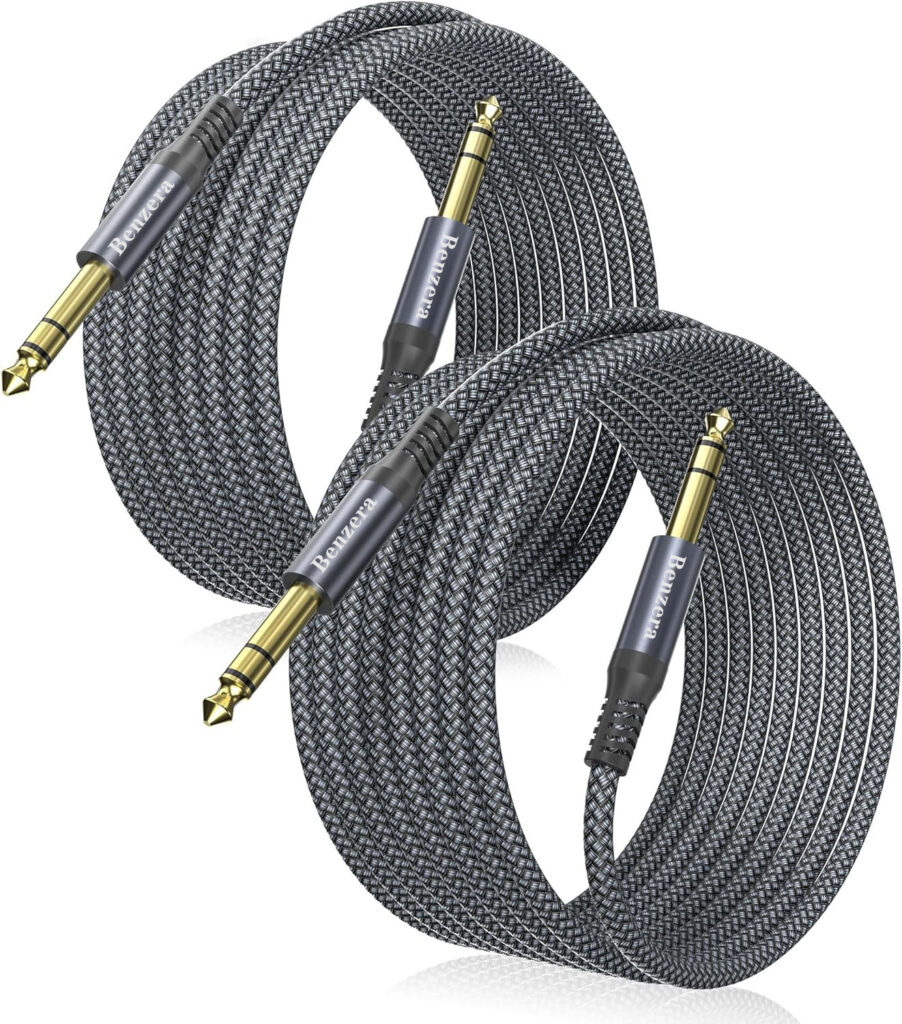 Benzera Professional 1/4" TRS Instrument Cable 15ft (2-Pack), Balanced Audio Cable for Studio, Live Sound & Musical Instruments